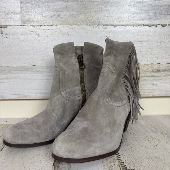 Sam Edelman Women’s 8 Louie Suede Ankle Boots Gray Fringe Block Heel Zip Boho - Picture 1 of 6